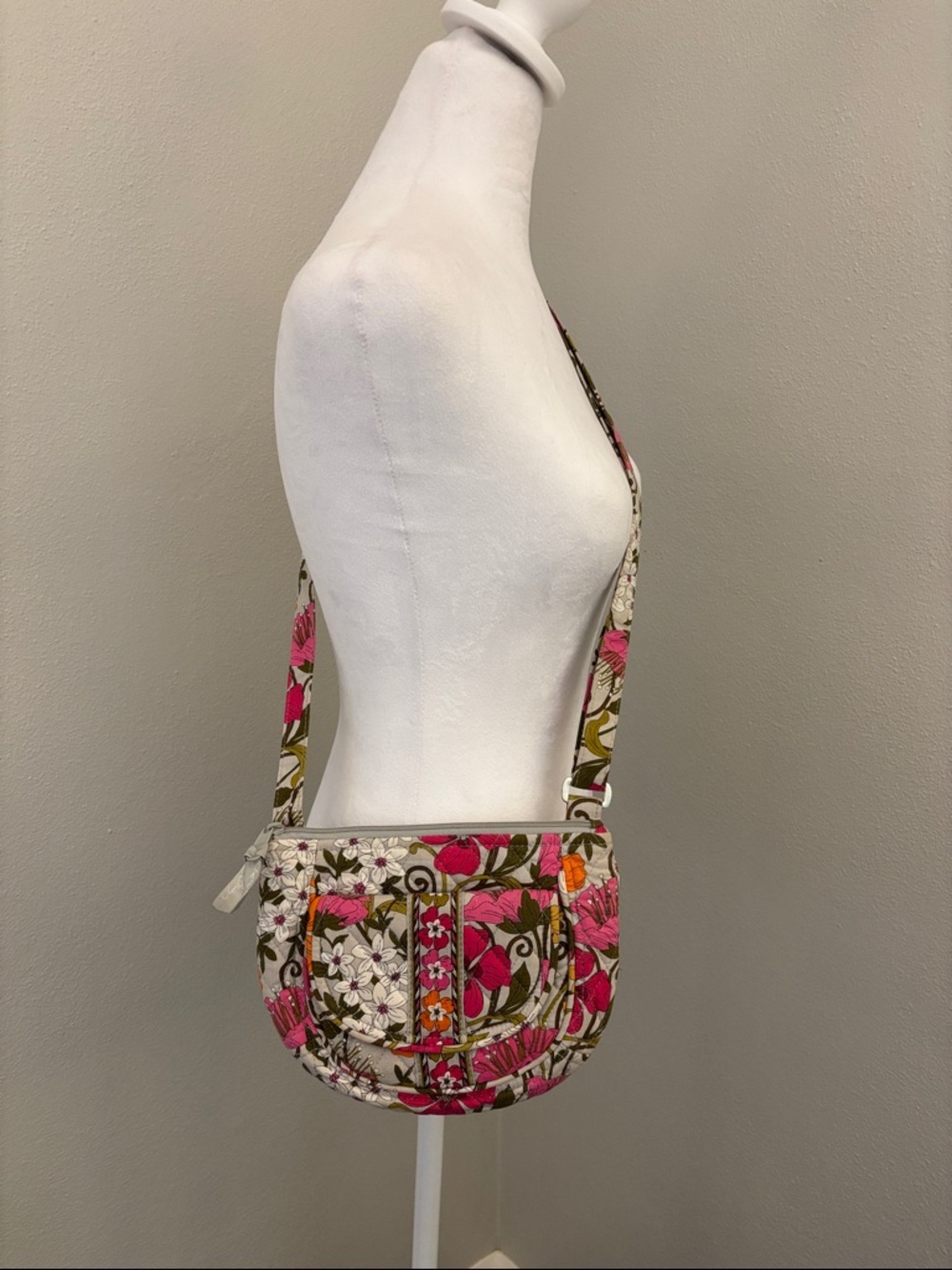 Vera Bradley Pink Floral Quilted Crossbody with Olive Accents